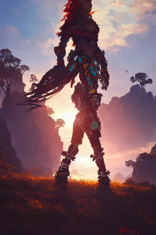 Image similar to combination suit armor aloy horizon forbidden west horizon zero dawn radiating a glowing aura global illumination ray tracing hdr fanart arstation by ian pesty and alena aenami artworks in 4 k tribal robot ninja mask helmet backpack