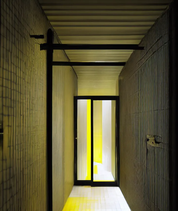 Prompt: spooky photo of a dark hallway of a modern japanese house with open lit doorways, dramatic lighting, smoke, ceiling fluorescent lighting, black and yellow colour palette