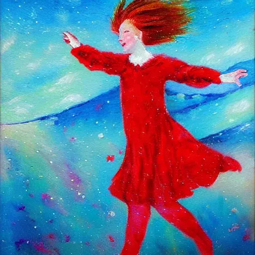 Prompt: a red haired young girl dancing in the snow impressionist, vibrant masterpiece painting