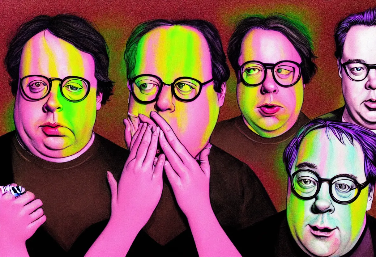 Prompt: bright psychedelic todd solondz and philip seymour hoffman and bill hicks, geek crying and puking, jewish new yorker, abused, bully, diffuse lighting, fantasy, intricate, elegant, highly detailed, lifelike, photorealistic, digital painting, artstation, illustration, concept art, smooth, sharp focus, art by francis bacon