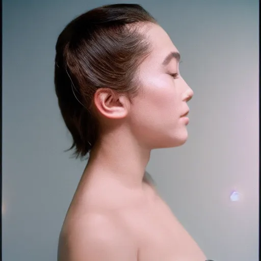 Image similar to Portrait photo of a famous actress posed in profile, eyes closed, natural makeup, studio lighting, highly detailed, cinestill 800t