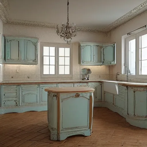 Prompt: a detalied 3 d render of a shabby chic kitchen, by valentin franke, ilya galinsky trending of artstation, photorealism