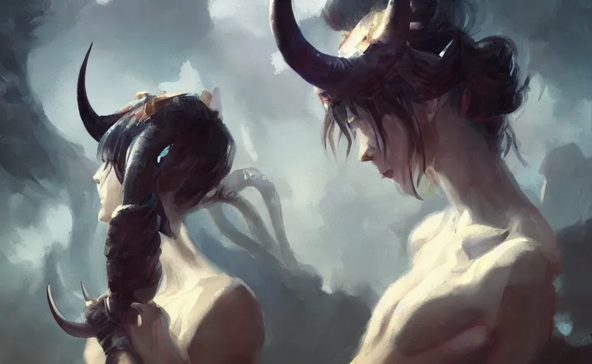 Image similar to a painting of aki trending on artstation in the style of greg rutkowski, beautiful, sensual, natural, horns