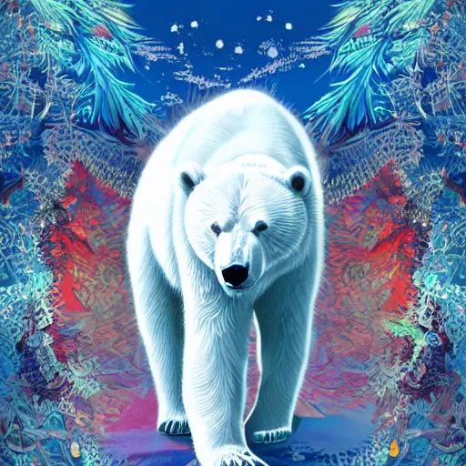 Image similar to blue paper + an intricate polar bear and a beauty depiction + elaborate red illustration, very detailed, deviantart, 8 k vertical wallpaper, tropical, colorful, airy, anime illustration, anime nature