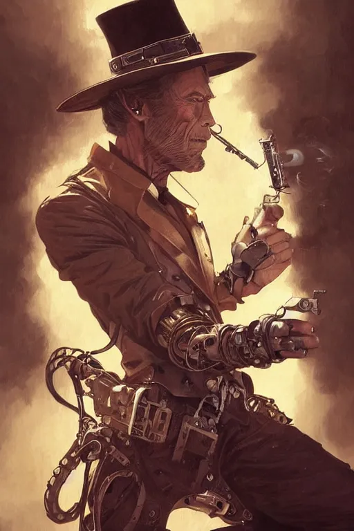 Image similar to clint eastwood steampunk cyborg smoking cigar, portrait, western, duster, fantasy, intricate, elegant, highly detailed, digital painting, artstation, concept art, sharp focus, illustration, art by artgerm and greg rutkowski and alphonse mucha