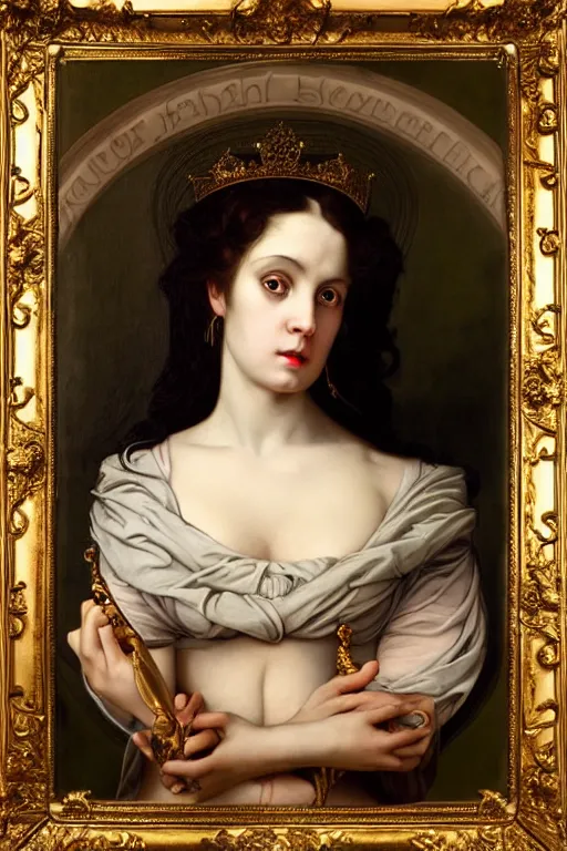 Image similar to hyper realistic painting portrait of the queen of saturn, occult diagram, elaborate details, rococo, baroque, gothic, intrincate ornaments, gold decoration, caligraphy, occult art, illuminated manuscript, oil painting, art noveau, in the style of roberto ferri, gustav moreau, waterhouse and bussiere