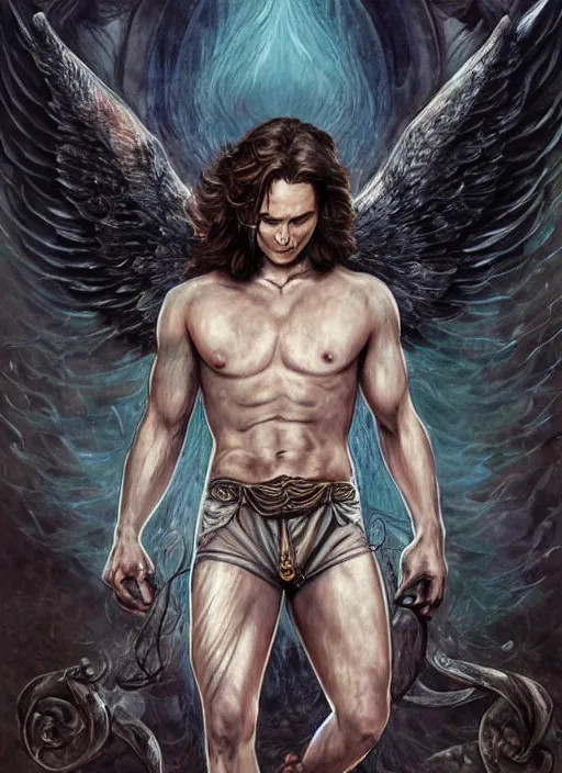 Image similar to Sam Winchester as an angel with religious tattoos on chest and neck, with glowing runes on the body, grimdark book cover style, D&D dark fantasy style, sharp focus, ultra detailed, art by Artgerm and Peter Andrew Jones, Ayami Kojima, Amano and Olivier Ledroit