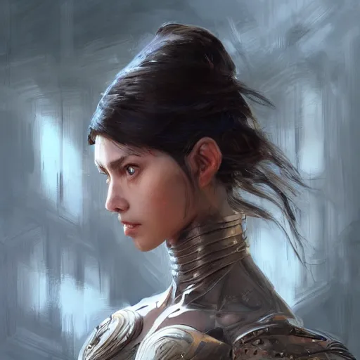 Image similar to a professional painting of a beautiful young female, partially clothed in battle armor, olive skin, long dark hair, beautiful bone structure, upper body, symmetrical facial features, intricate, elegant, digital painting, concept art, smooth, sharp focus, illustration, from Metal Gear, by Ruan Jia and Mandy Jurgens and Greg Rutkowski and Artgerm and William-Adolphe Bouguerea and artgerm-n 9