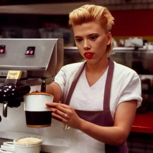 Image similar to Scarlett Johansson serving coffee at the double r diner in Twin Peaks (1990)