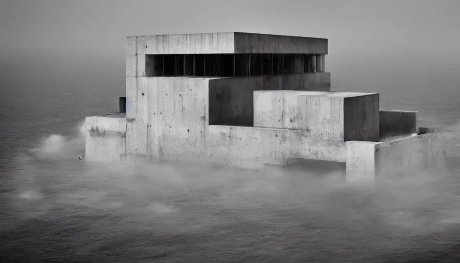 Image similar to brutalist base perched on a cliff overlooking a magnificient bay, drawing architecture, fog horizon, pixar lighting, pritzker architecture prize, greig fraser