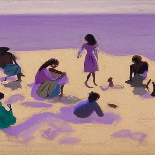 Image similar to A beautiful computer art of a group of people on a beach. The colors are muted and the overall tone is serene. The people are all engaged in different activities, from reading to playing games, and the artwork seems to be capturing a moment of peace and relaxation. pale violet, Aztec by Robert Motherwell, by Kitty Lange Kielland jaunty
