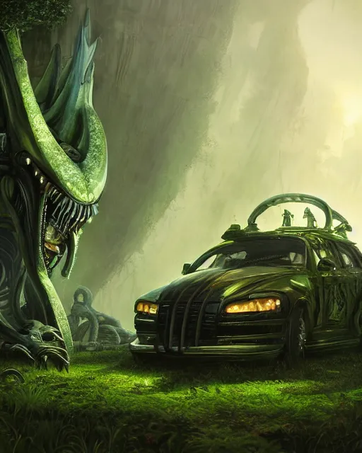 Image similar to xenomorph taxi car in a fantasy village, calming, uplifting mood, ultra realistic, farm, small buildings, highly detailed, atmosphere, masterpiece, epic lighting, elves, green plants, magic, illuminated, 4 k, cinematic, morning sun, art by eddie mendoza and sylvain sarrailh and jonathan berube