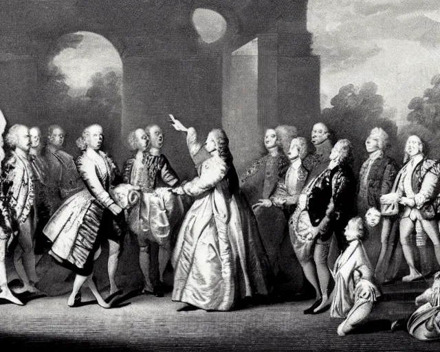 Prompt: a photo from the early 1700s of aliens visiting George III, presenting gifts to each other