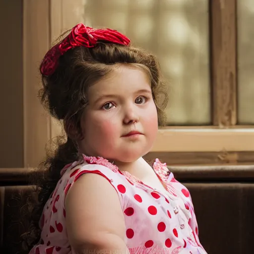 Image similar to charming and chubby girl, wearing a polka dot dress and a victorian - style hairdo on her head, sits in the large and bright studio. sunlight enters through the barred window. very realistic shiny skin. subsurface scattering shiny skin. beautiful lighting, 4 k post - processing, highly detailed, 5 k extremely detailed, 3 d. cinematic scene.