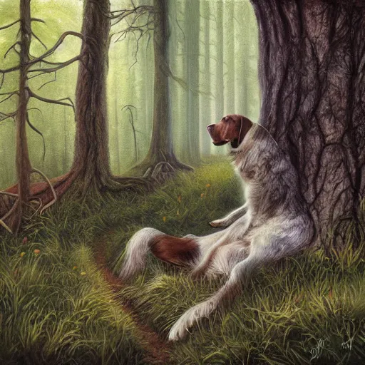 Image similar to a painting of a dog in the woods, an album cover by terry redlin, deviantart, furry art, official art, storybook illustration, hyper realism