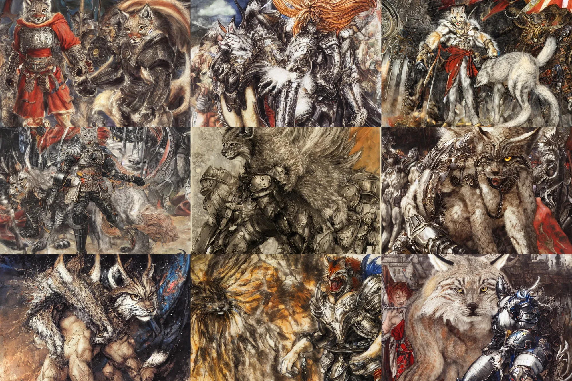 Image similar to 8k Yoshitaka Amano painting of upper body of a young cool looking lynx beast-man with white mane at a medieval market at windy day. Depth of field. He is wearing complex fantasy armors. He has huge paws. Renaissance style lighting.