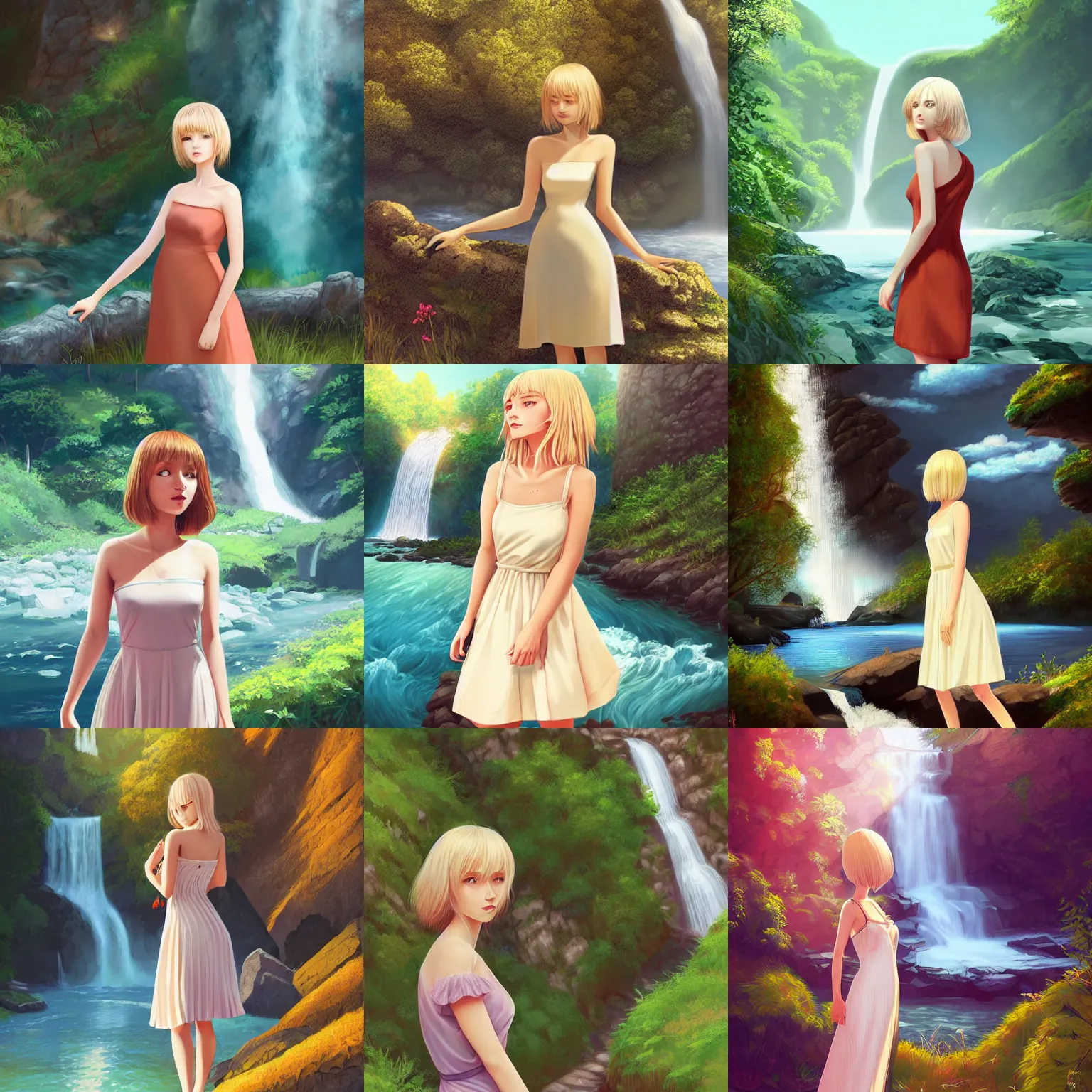 Prompt: beautiful woman in her late 20s wearing a summer dress, light blonde shoulder-length hair, standing near a waterfall, 4k digital art, digital painting, highly detailed and intricate, in the style of ilya Kuvshinov