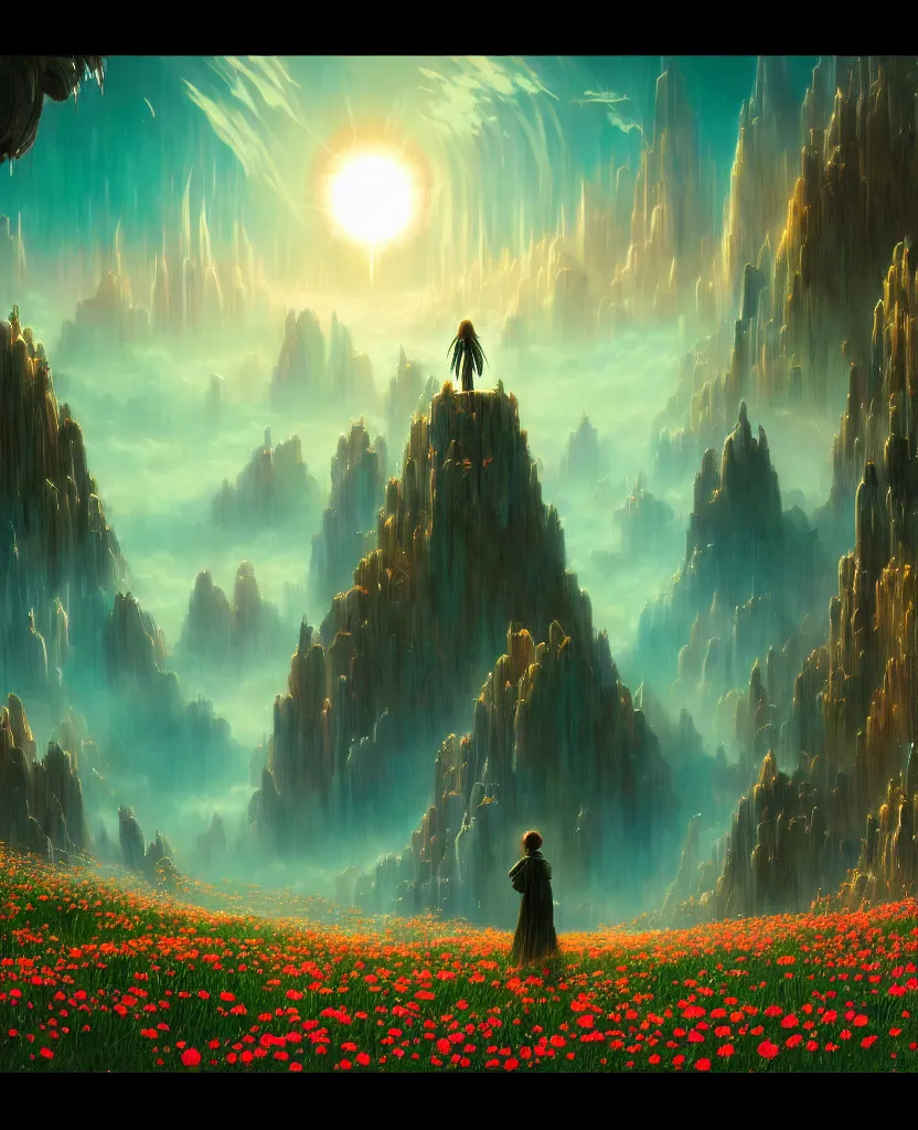 Image similar to spiritual evolution by albert bierstadt, anime cgsociety flowers nature bio shock at dawn at dusk meadow tron matte painting studio ghibli alien futuristic cosmic poppy wilderness fantasy liberty city bladerunner 2 0 4 9 fisheye azeroth, archdaily, wallpaper, highly detailed, trending on artstation.