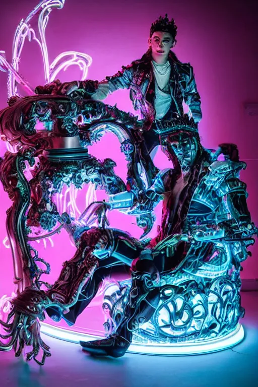 Image similar to full-body rococo and cyberpunk style neon statue of a muscular attractive Nick Jonas macho dotado e rico android sim roupa reclining con las piernas abertas e la piroca dura, glowing white laser eyes, prince crown of pink gears, diamonds, swirling silver-colored silk fabric. futuristic elements. full-length view. space robots. human skulls. intricate artwork by caravaggio. Trending on artstation, octane render, cinematic lighting from the right, hyper realism, octane render, 8k, depth of field, 3D