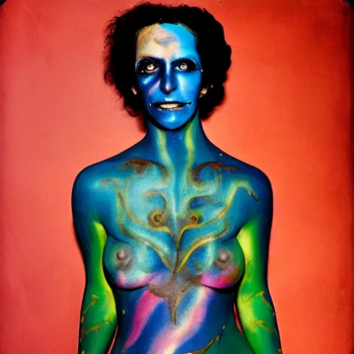 Prompt: iridescent bodypaint on a swashbuckling space pirate, photo by diane arbus