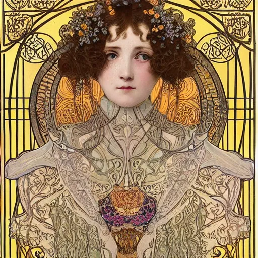 Prompt: art nouveau intricate weave wallpaper, flowing 1 8 th century woman, face is symmetrical, | habsburg syndrome, huge underbite, inbred |, intricate detailed, ornate, silkscreen print, used poster, flat matte, hyper detailed, style of klimt, alphonse mucha w 1 2 8 0