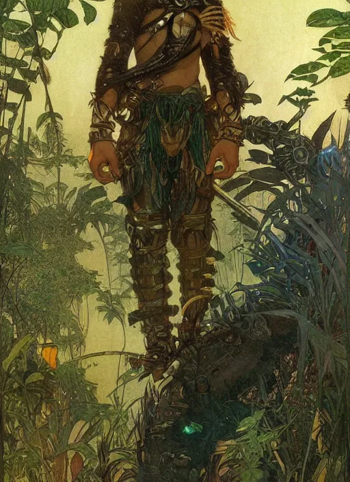 Prompt: portrait of a little epic cyborg warrior boy character with dark skin and beautiful symmetric face and long black hair and an armored tiger at his side in the middle of a lush jungle. diffuse night light, dramatic landscape, fantasy illustration, matte painting by mucha