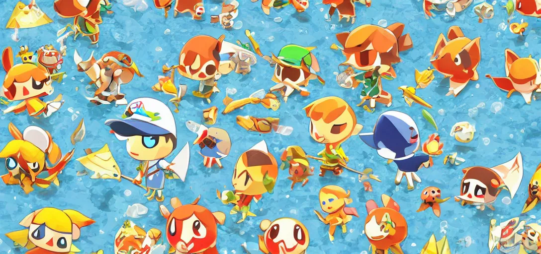 Prompt: pattern of water, wind waker, animal crossing, summer