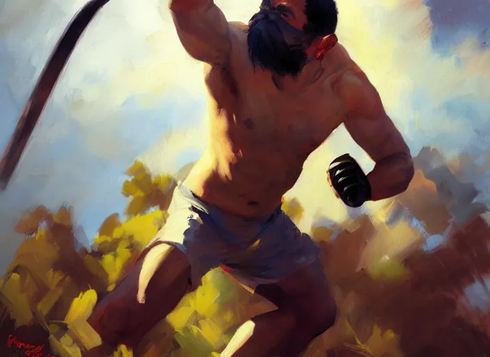 Image similar to greg manchess painting of a filipino mma fighter with a sword, organic painting, sunny day, matte painting, bold shapes, hard edges, street art, trending on artstation, by huang guangjian, gil elvgren, ruan jia, randy vargas, greg rutkowski