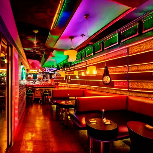 Image similar to photo of retro restaurant, iridescent, mood lighting, 8 k, cinematic