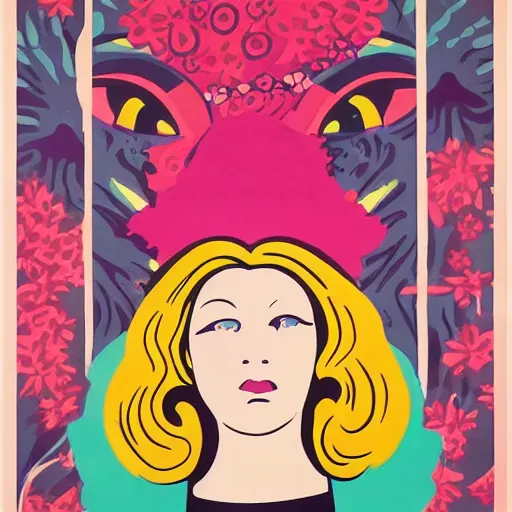 Prompt: 70s graphic design poster with a woman’s face, flower child, groovy, retro, hippie, pink tones