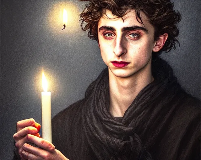 Image similar to a mind - blowing portrait of timothee chalamet, holding a candle holder, wearing dark maritime clothing, long night cap, deep focus, d & d, fantasy, intricate, elegant, highly detailed, digital painting, artstation, concept art, matte, sharp, illustration, hearthstone, art by artgerm and greg rutkowski and alphonse mucha