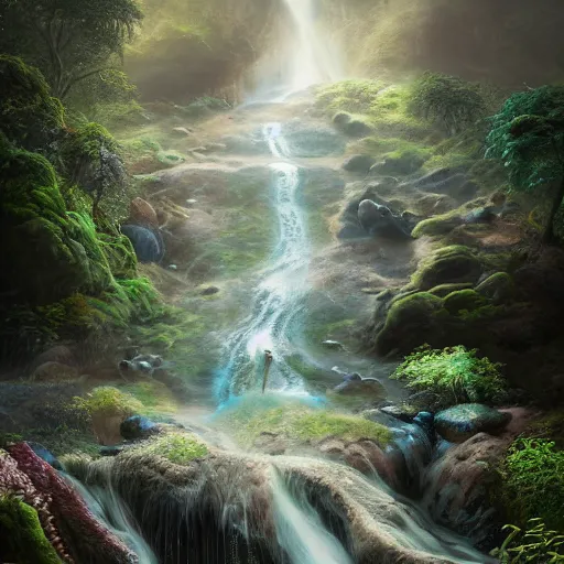 Image similar to tom bagshaw, elementals water wave, soft painting render curiosities carnival pond river vegetation rocks bugs wildlife mushrooms covered moss bioluminescent wisps, beautiful stunning waterfall, accurate features, focus, very intricate ultrafine details, random volumetric lighting, fog, award winning masterpiece, octane render 8 k hd, artstation