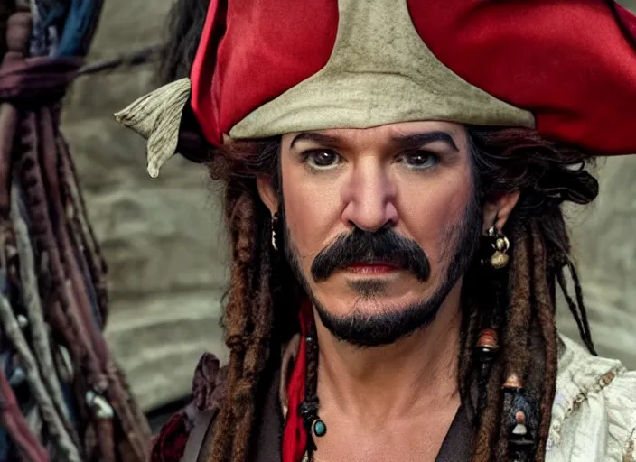 Prompt: ethan kline as a flamboyant pirate, movie still, from the new pirates of the caribbean movie, 8 k, realistic