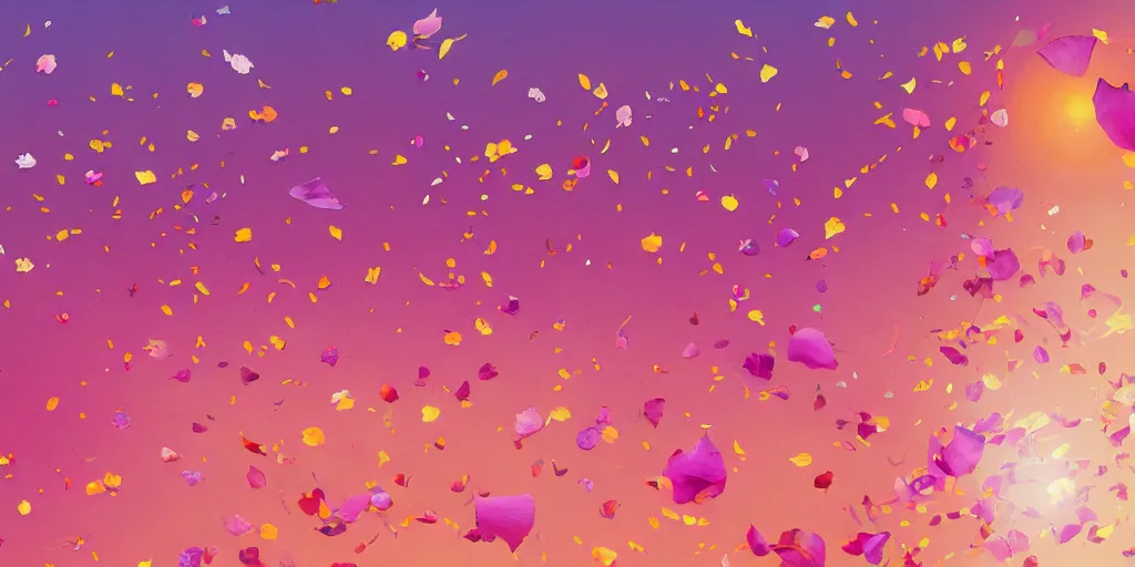 Image similar to background art of spaciously scattered flower petals flowing and flowing through the air from left to right on a simple sunset background, large individual rose petals, polygonal fragments, anime, artgerm, manga, trending on artstation, art nouveau, mature color scheme