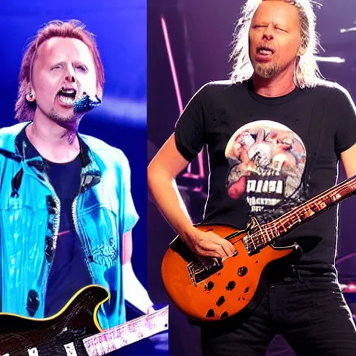 Image similar to matt bellamy from muse and james hetfield from metallica playing on stage, 2 0 1 5 live music video