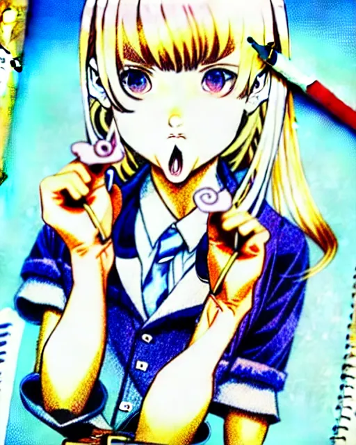 Prompt: depicting a young mischievous female prep school student with medium length bright blonde hair and pale skin, in an old study room smoking her dad's cigarettes, complex artistic color ink pen sketch illustration, subtle detailing, illustrated by Artgerm and Range Murata.