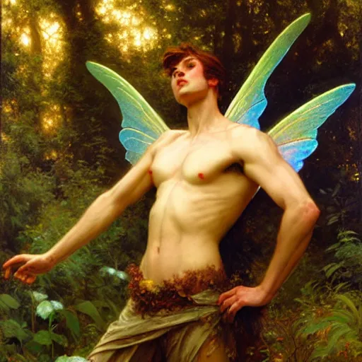 Image similar to attractive male fairy with wings in the forest, posing. highly detailed painting by gaston bussiere, craig mullins, j. c. leyendecker, 8 k