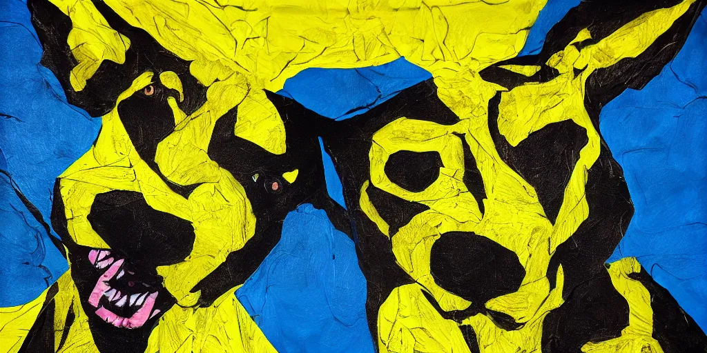 Image similar to rendered in blender scary dog on wired, yellow, blue and black, collage paper and tape, acrylic on canvas, hyperrealism mixed with expressionism, high resolution, cinematic, unreal 6, breathtaking detailed, by blake neubert