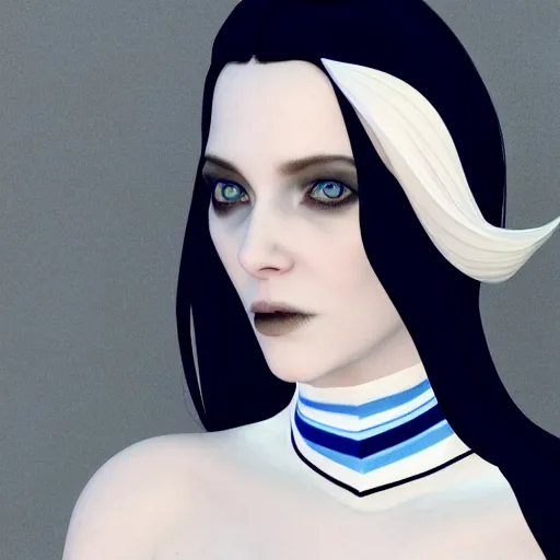 Image similar to portrait of a comforting pale goth woman with elegant multilayered blue-white-black leather high-neck dress, curvy thin waist, photorealistic, sublime, 16k, smooth, sharp focus, cgsociety, trending on ArtStation, volumetric lighting