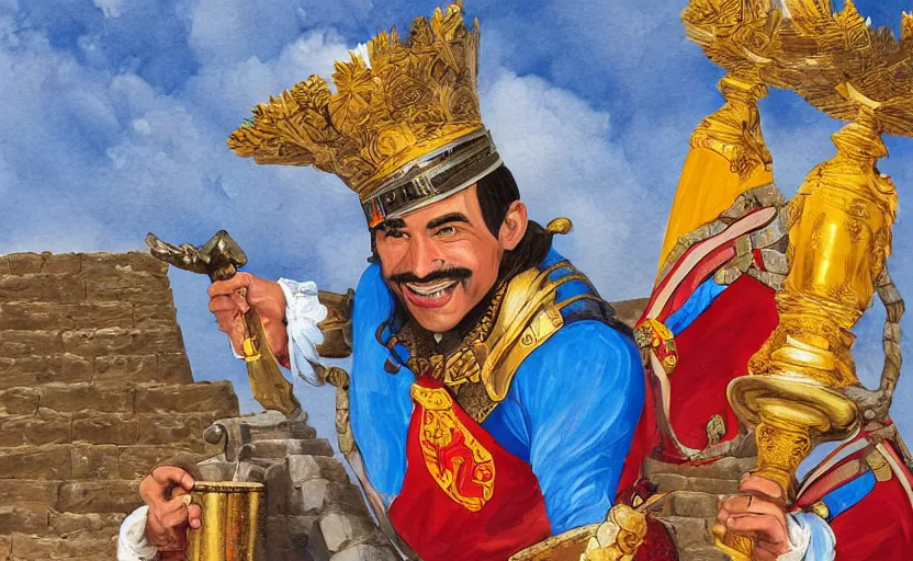 Image similar to smiling spanish conquer soldier holding golden cup on a inca temple, highly detailed, digital painting