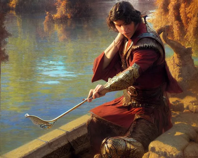 Image similar to attractive male wizard casting powerful water spell in a beautiful lake. highly detailed painting by gaston bussiere, craig mullins, j. c. leyendecker 8 k