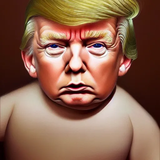 Image similar to portrait donald trump as a baby looking ashamed, fine art, award winning, subtle earthy tones, intricate, elegant, sharp focus, cinematic lighting, digital painting, 8 k concept art, by michael hussar and greg manchess and brom and z. w. gu, 8 k