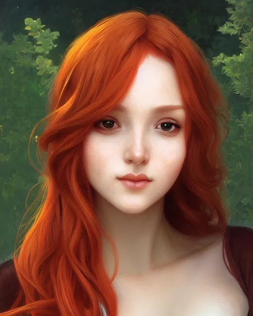 Image similar to nami, long orange hair, brown eyes, digital art from artstation by artgerm and william - adolphe bouguereau