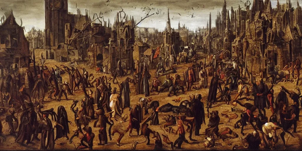 Prompt: everyday life during the Black Plague, oil on canvas, detailed,