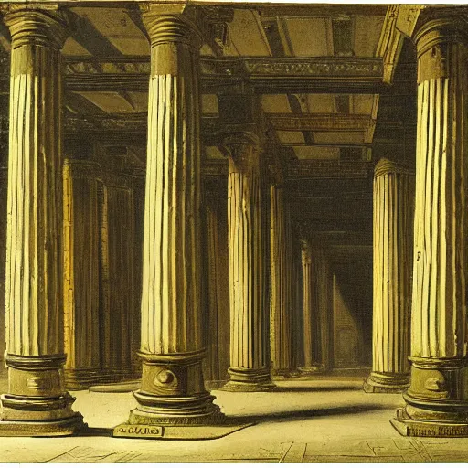 Prompt: painting of a scifi ancient civilzation victorian empty room with pillars, hubert robert