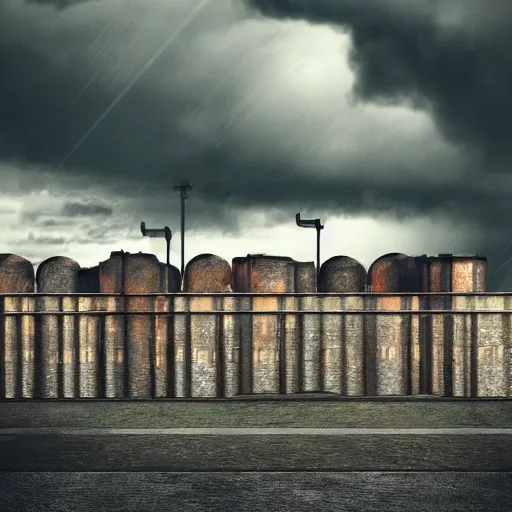 Image similar to Stormy sky with thunders, pipes and vaults system in the background, depth of field, blueshift render, photorealistic, 1128x191 resolution