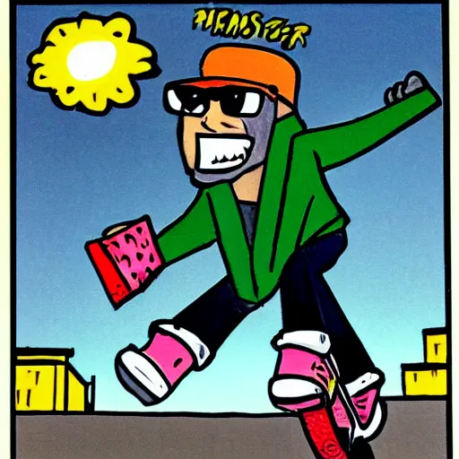 Image similar to 1990s 🦤 on a flying skateboard, cartoon