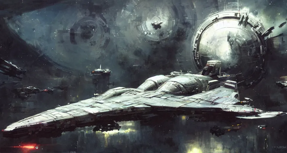 Prompt: spaceship, by jeremy mann, peter elson.
