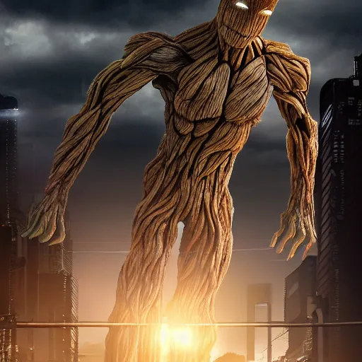 Prompt: colossal!! titan!! groot!! destroying tokyo city, muscular, fit, 1 0 0 mm, trending on behance, photorealistic, hyper realism, movie shot, studio lighting, 8 k