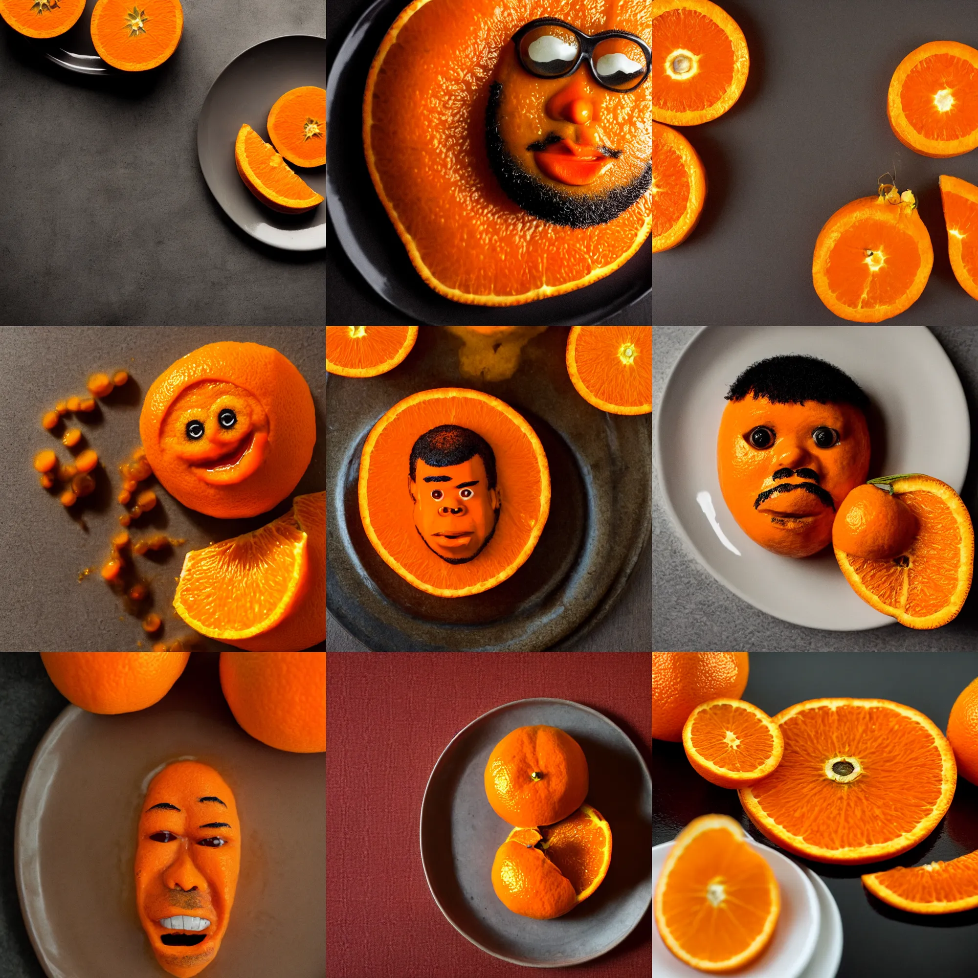 Prompt: orange that looks like jordan peele, jordan peele's face, a bearded orange on a plate, macro shot, high detail photo, cute